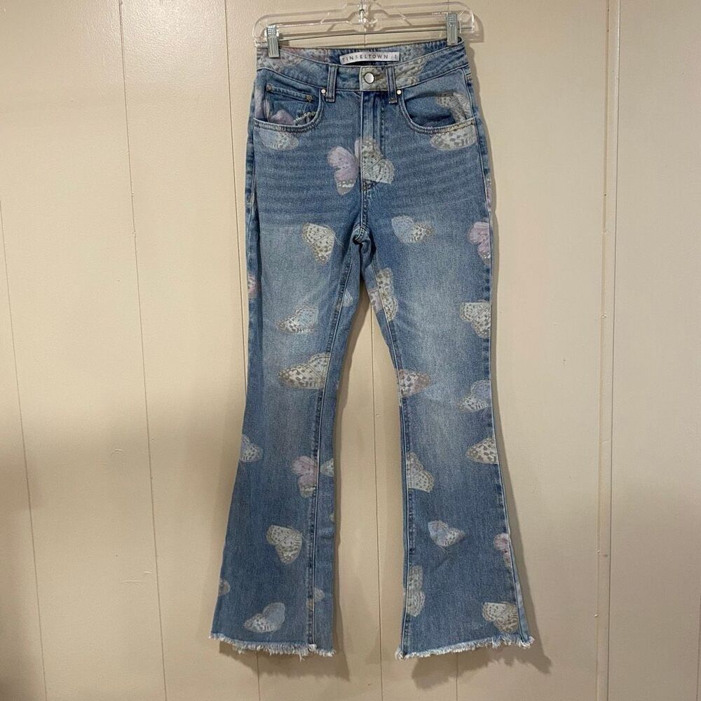 Tinseltown Women’s Size 3 Butterfly Print Flare Jeans Frayed Hem Y2K
